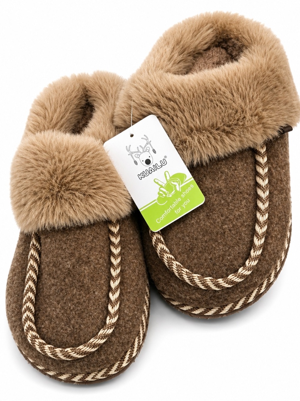Kuailu Women’s Faux Fur House Slippers Brown Cozy Memory Foam US 6 NWT